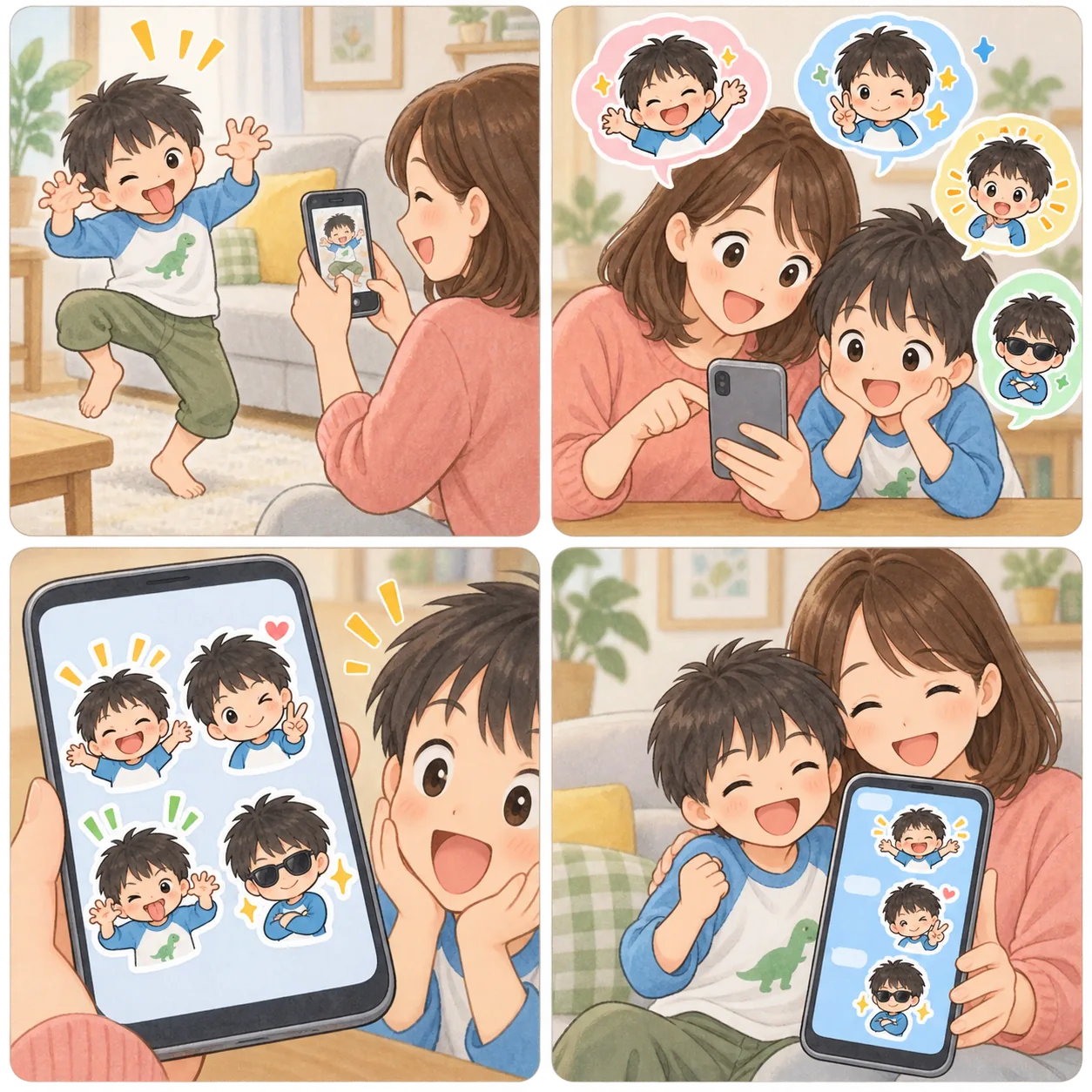 子どもの写真をスタンプにして家族で使う4コマ漫画