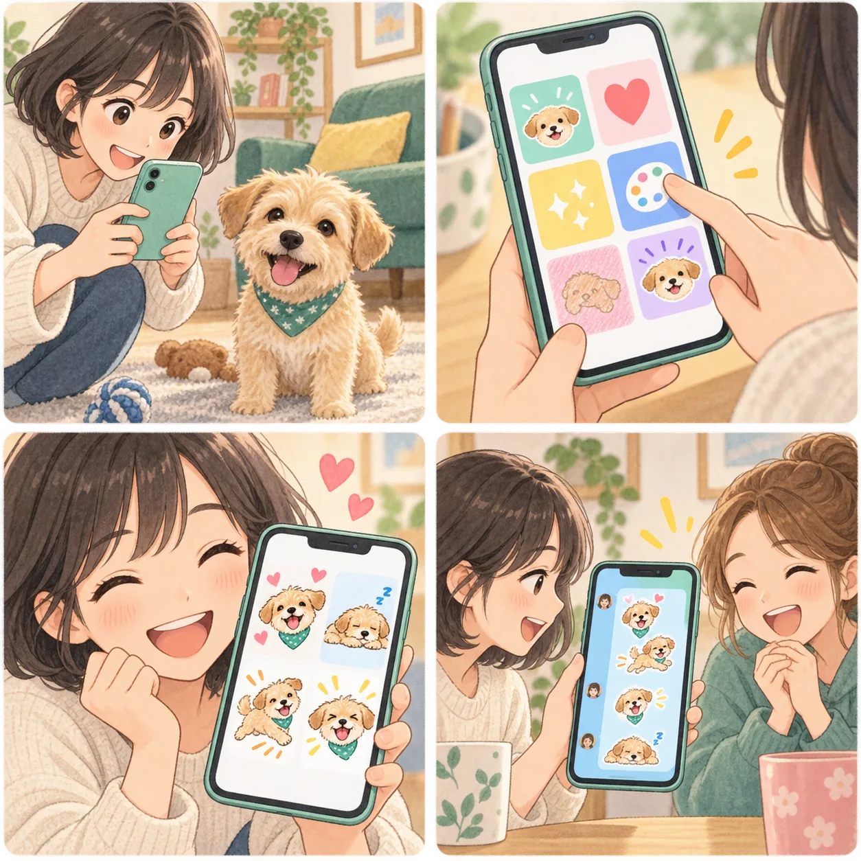犬の写真を選んでスタンプの見本を作り、友人に送る4コマ漫画