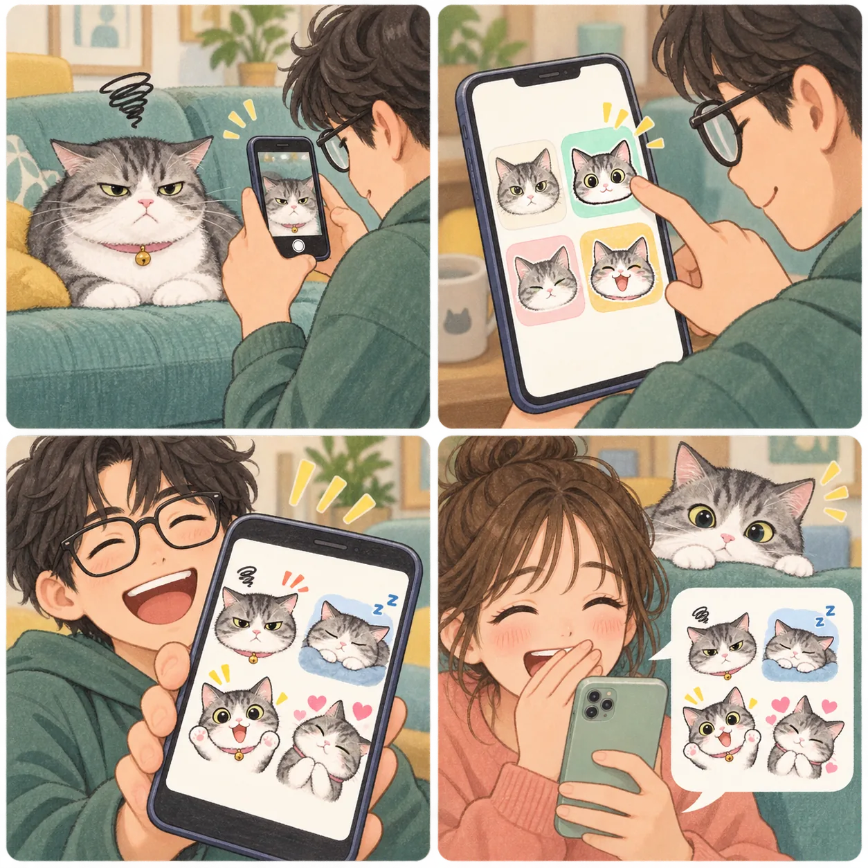 猫の写真がスタンプになって友人との会話に登場する4コマ漫画
